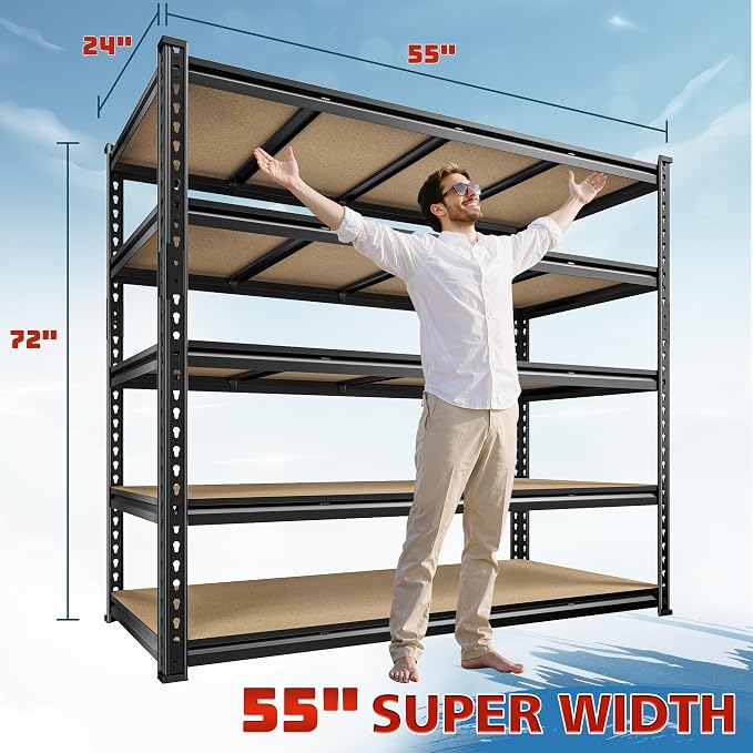 55" W Storage Shelves, 2550LBS Garage Shelving Heavy Duty, 5-Tier Heavy Duty - Image 2