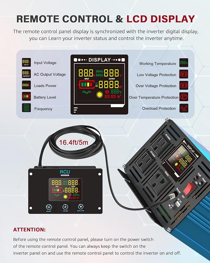 Power Inverter 2500 Watt Pure Sine Wave 12V DC to 110V/120V AC 5000W Peak - Image 4