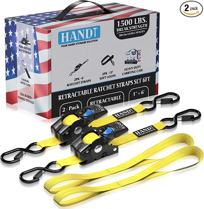 HandT USA Based Retractable Ratchet Straps 1in x 6ft by HANDT