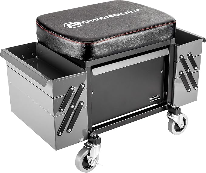 Powerbuilt Rolling Seat with Expandable Tool Trays, Roller Toolbox Garage Stool - Image 6