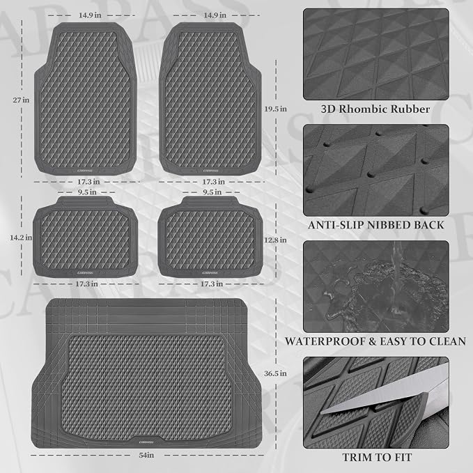 CAR PASS Gray Rubber Car Floor Mats & Cargo Liners, Durable Anti-Slip 3D - Image 3