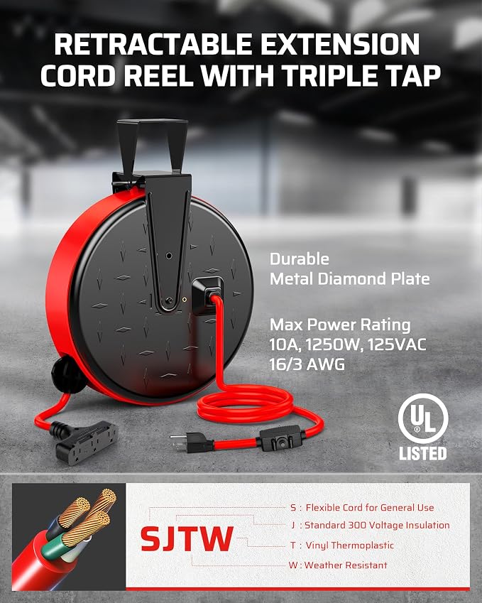 DEWENWILS 30FT Extension Cord Reel, 16/3 Gauge SJTW Power Cord, Retractable - Image 2