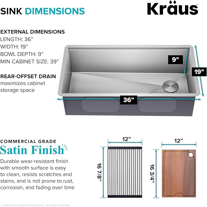 KRAUS Kore 36-Inch Undermount Workstation 16 Gauge Single Bowl Stainless Steel - Image 4