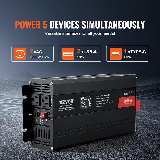 VEVOR Pure Sine Wave Inverter, 2000 Watt, DC 12V to AC 120V Power Inverter - Image 4
