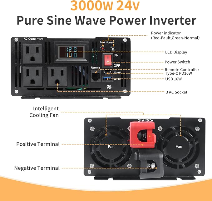3000 Watt Pure Sine Wave Power Inverter DC 24V to 110V/120V AC Converter - Image 2