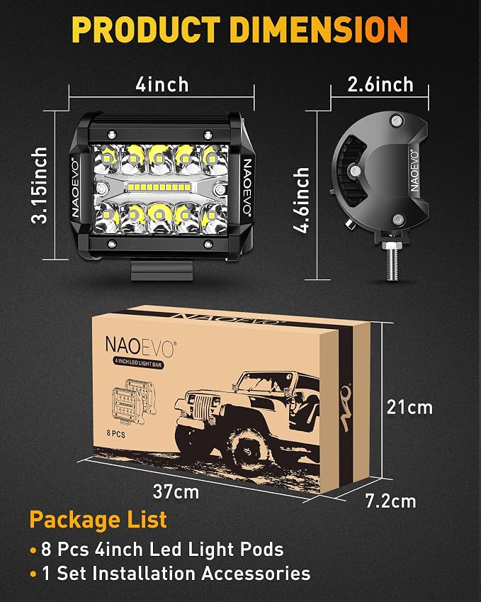 NAOEVO 4 Inch LED Pod Lights, 480W 48, 000LM LED Fog/Driving/Off Road Lights - Image 5