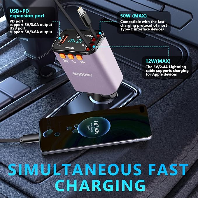 Retractable Car Charger, 5 in 1 Fast Cars Phone Charger 60w, Handsfree Call - Image 6