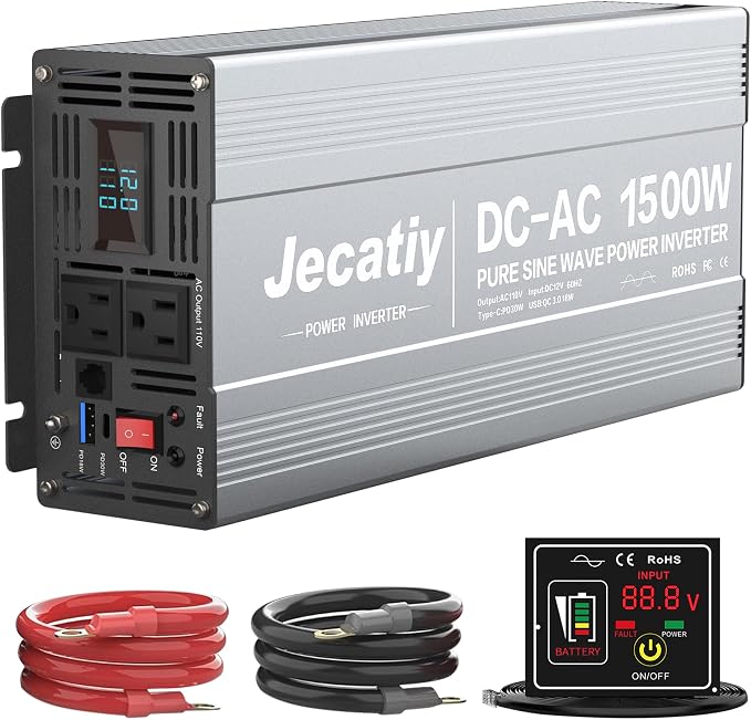 1500 Watt Pure Sine Wave Power Inverter DC 12V to 110V/120V AC Converter by Jecatiy