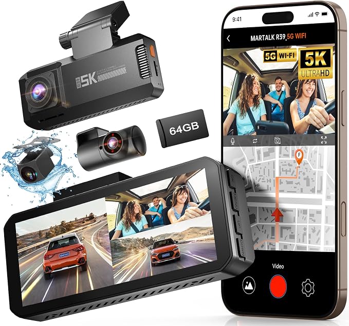 R39 Dash Cam Front and Rear, Dash Cam 3 Channel 5K by Martalk