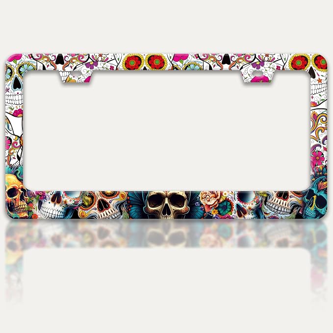Sugar Skull License Plate Frame Skeleton Flowers License Plate Holders Funny by RTINRAN