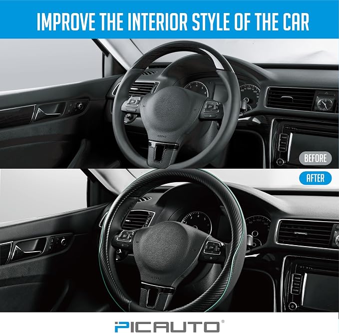 PIC AUTO Steering Wheel Cover, Mint Piping Leather, Sports Carbon Fiber and - Image 5