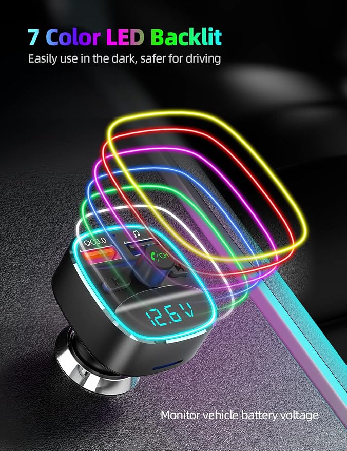 Nulaxy Bluetooth FM Transmitter, Hands-Free Calling, 7 Colors Led Backlit Light - Image 5