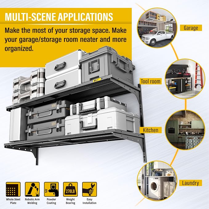 2 Tier 1.3x4ft Garage Shelving Wall Mounted, 400 lbs Load Capacity，15.6x48inch - Image 4