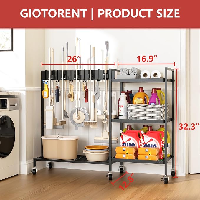 GIOTORENT Heavy Duty Metal Cleaning Cart - 300lb Capacity Rolling Broom Holder - Image 2