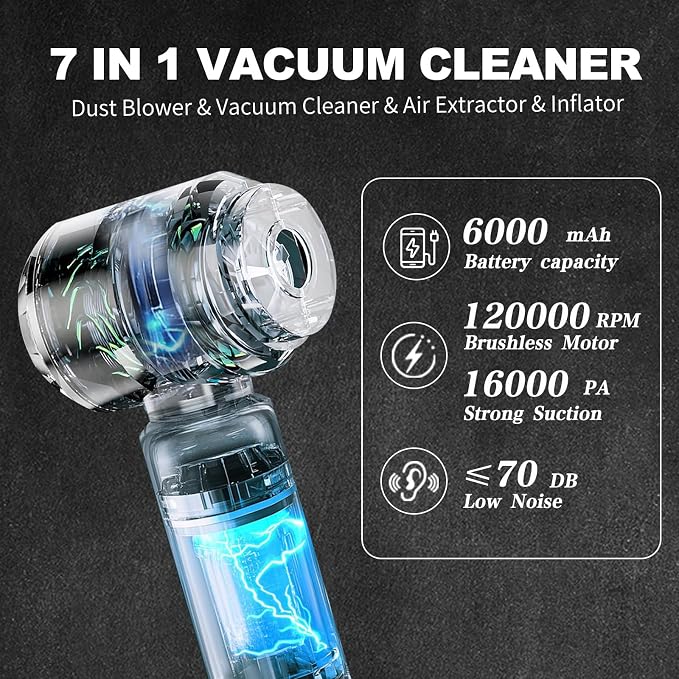 Car Vacuum Cleaner, 16000PA High Power Mini Vacuum Cleaner, 7-in-1 Rechargeable - Image 2