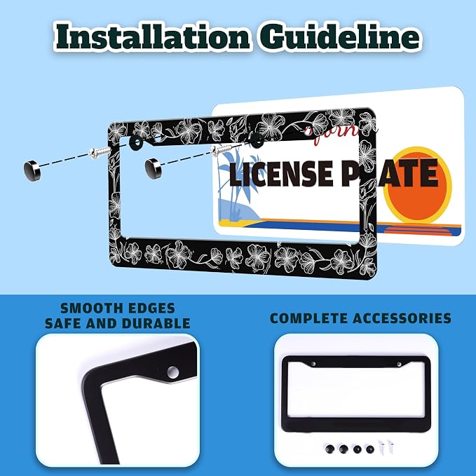 Black and White Line Drawing Flowers License Plate Frame Beautiful Floar - Image 4