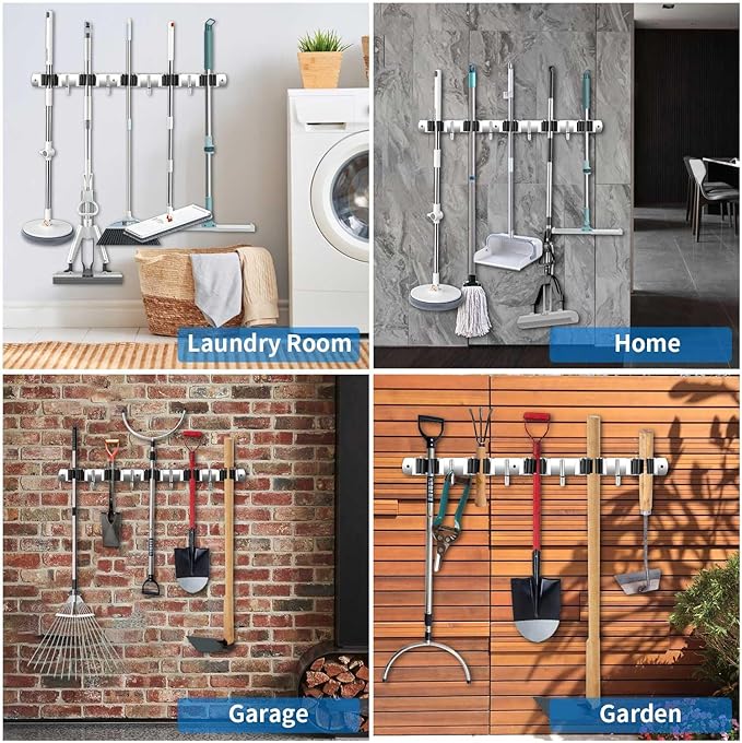 2 Pack Wall Mount, Stainless Steel Broom Hanger, Heavy Duty Mop and Broom - Image 5