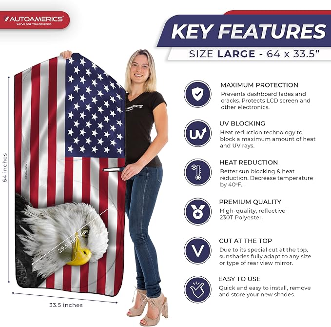 Autoamerics 1-Piece Windshield Sun Shade New American Eagle Flag USA Patriotic - Image 2
