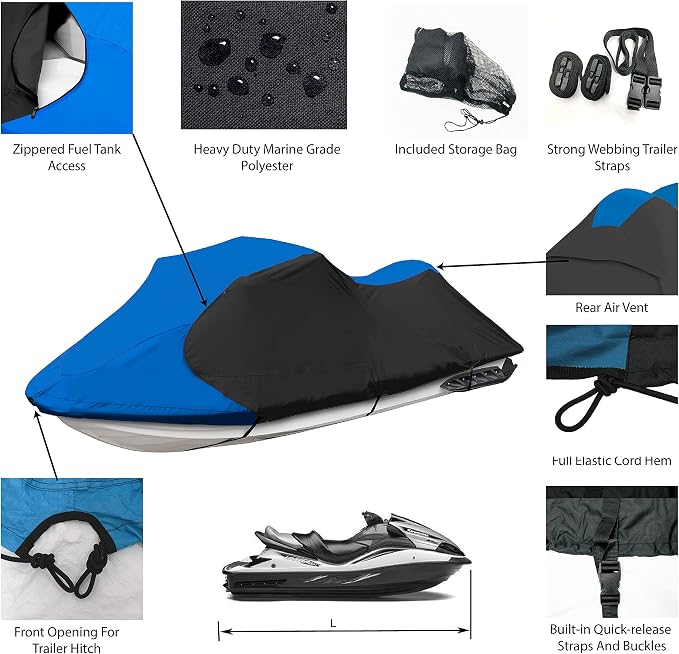 Trailerable Jet Ski Cover, Waterproof Marine Grade 600D Heavy Duty Polyester - Image 2