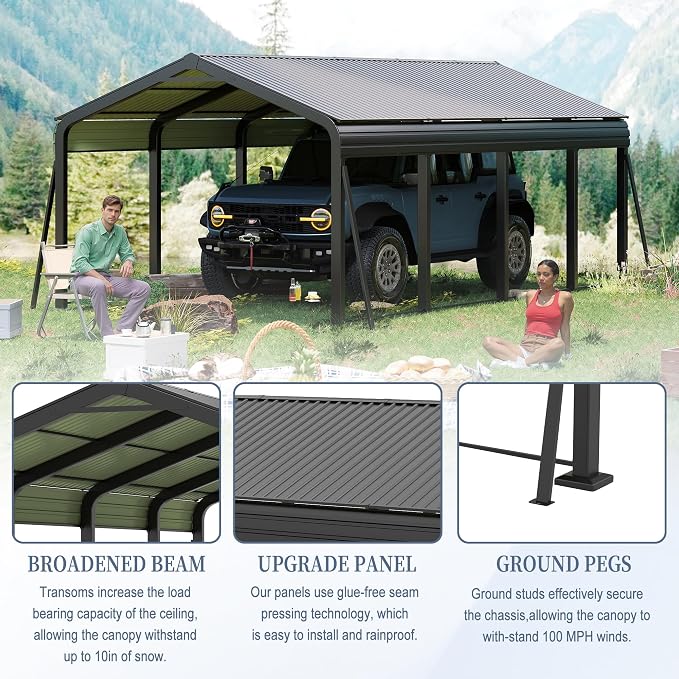 12x20 FT Metal Carport, Heavy Duty Car Port Canopy - Image 2