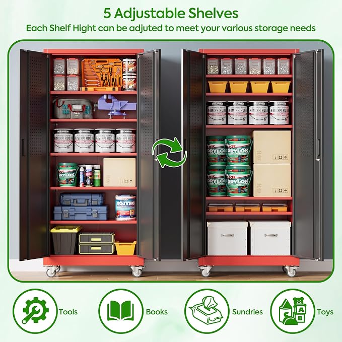 Garage Storage Cabinet with Pegboard and 5 Adjustable Shelves, Tool Storage - Image 4