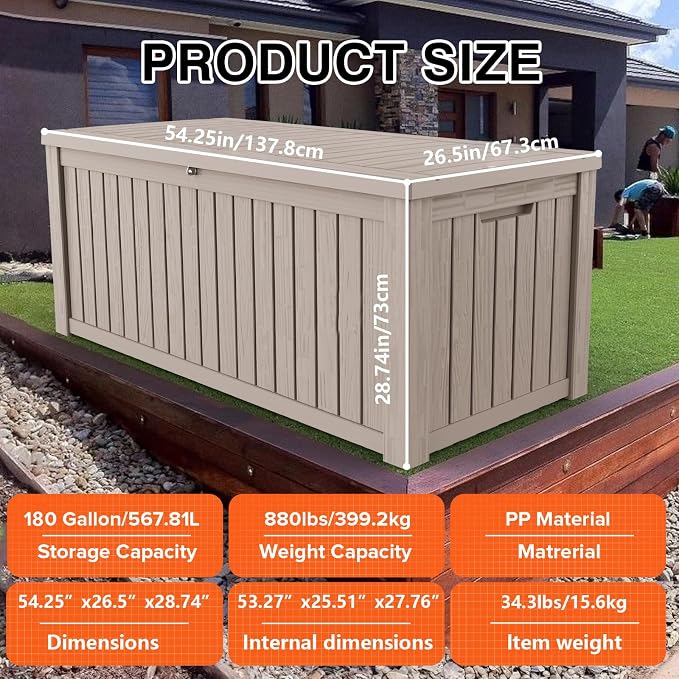 180 Gallon Lockable Resin Deck Box, Waterproof & UV-Resistant Outdoor Storage - Image 2