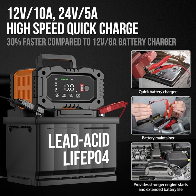 NEXPEAK NC202 10-Amp Battery Charger, 12V 24V LiFePO4 Lead Acid Portable Car - Image 2