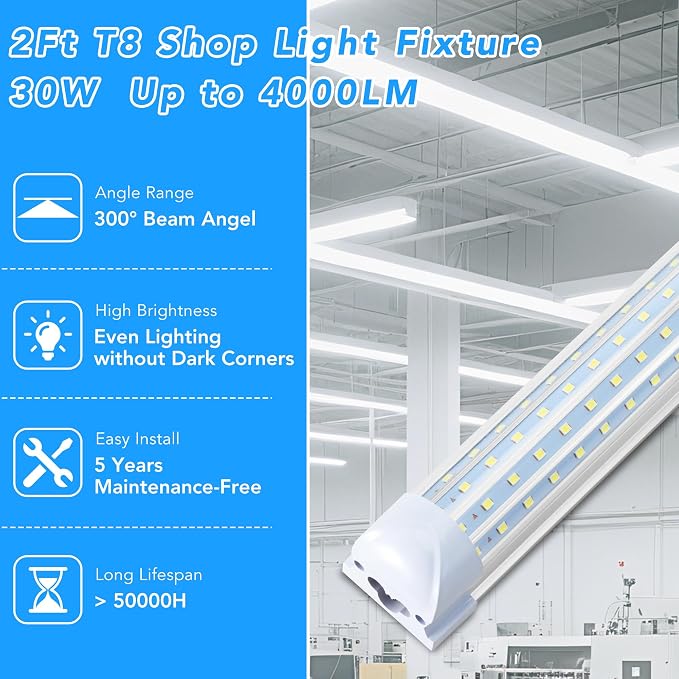 2 Pack 2FT T8 LED Shop Lights, 30W Integrated Tube Light, 4800LM 6000-6500K - Image 2