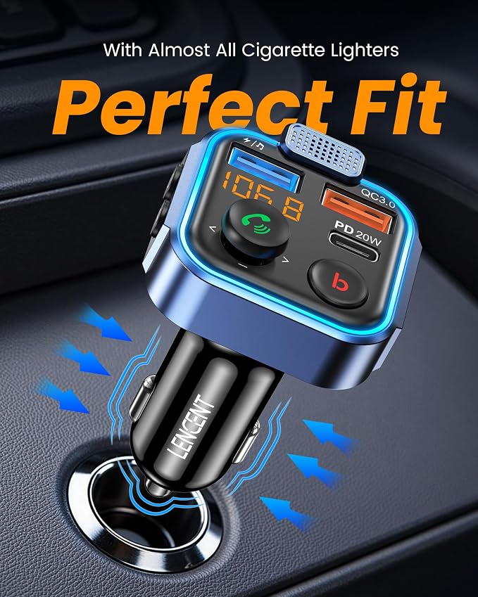 LENCENT FM Transmitter in-Car Adapter, Type-C PD 20W+ QC3.0 Fast USB Charger - Image 7
