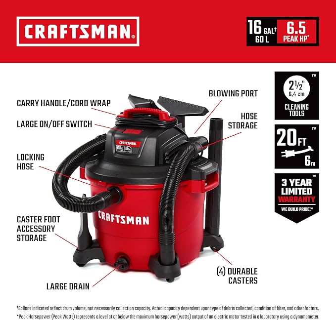CRAFTSMAN CMXEVBE17595 16 Gallon 6.5 Peak HP Wet Dry Vac, Heavy-Duty Shop - Image 2