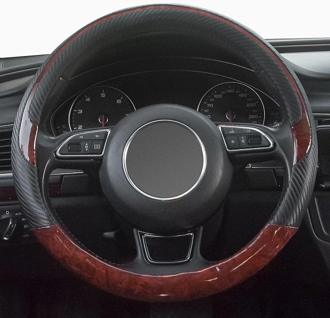 Xizopucy Wood Grain Steering Wheel Cover Red Universal Microfiber Leather - Image 3