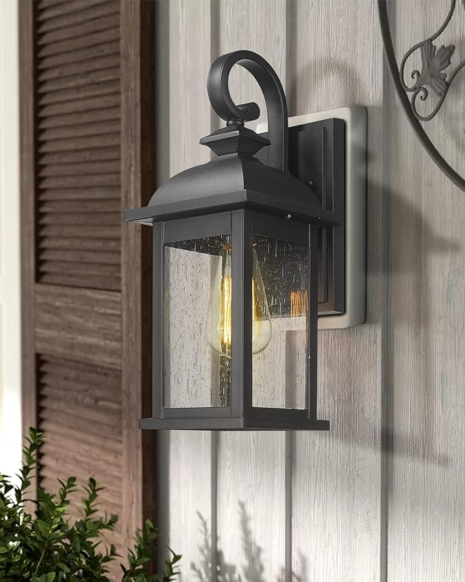 FEMILA Outdoor Wall Sconce, 14.9" Matte Black Seeded Glass Outdoor Sconce Lights - Image 2