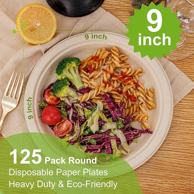 WELLIFE 100% Compostable Paper Plates 9 Inch, Biodegradable Bagasse, - Image 2