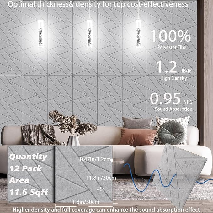 12 Pack Self-Adhesive Soundproof Wall Panels, 1.2lb/ft³ High Density, Thicker - Image 6