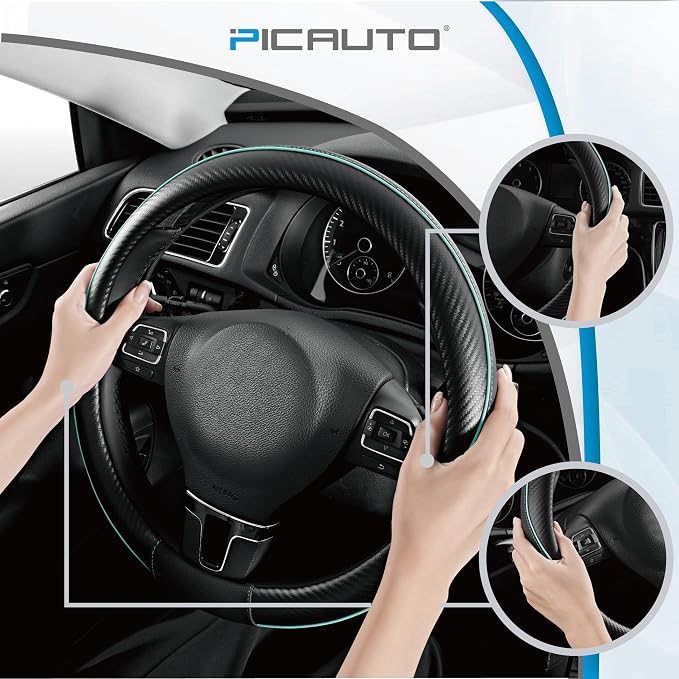 PIC AUTO Steering Wheel Cover, Mint Piping Leather, Sports Carbon Fiber and - Image 4