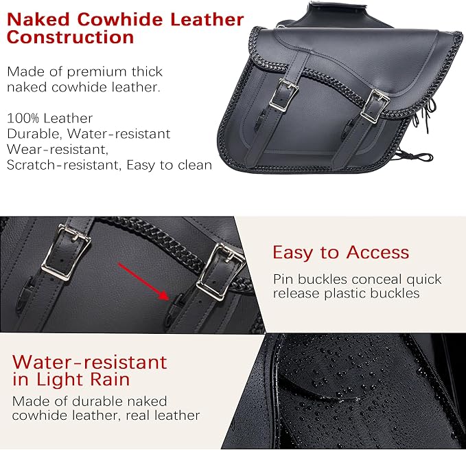 Dream Apparel Naked Cowhide Leather Motorcycle Saddle Bags Studded Throw Over - Image 3