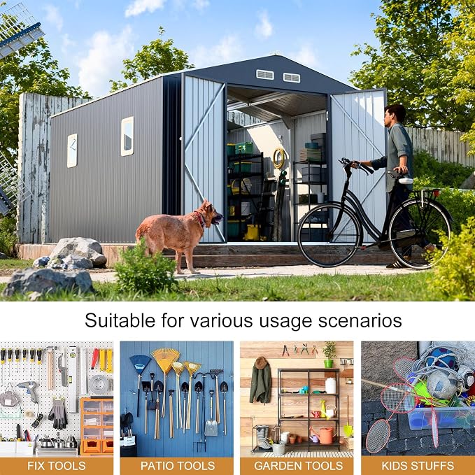 10x10 FT Metal Shed Large Waterproof Outdoor Tools Storage - Image 8