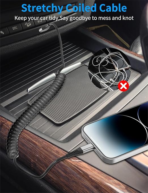Coiled Lightning Cable for Car, Short Apple CarPlay USB to Lightning Cord for - Image 3