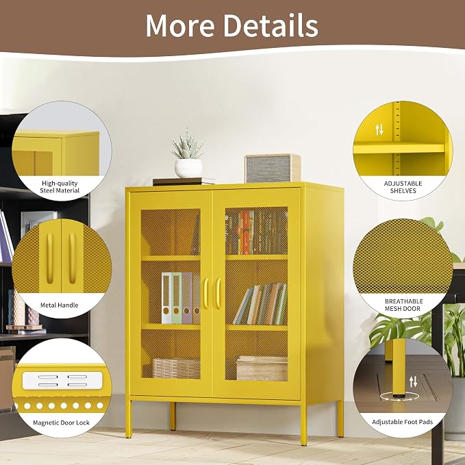 Metal Storage Cabinet with Mesh Doors, Steel Display Cabinet with Adjustable - Image 7