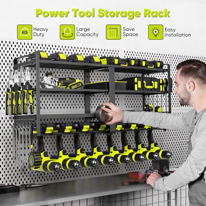 33" W Large Power Tool Organizer Wall Mount Loads 400 lbs, Heavy Duty 8 Drills - Image 2
