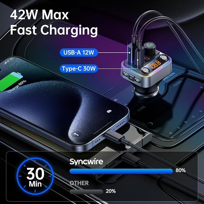 Syncwire Bluetooth 5.4 FM Transmitter Car Adapter 42W Wireless FM Radio Music - Image 3