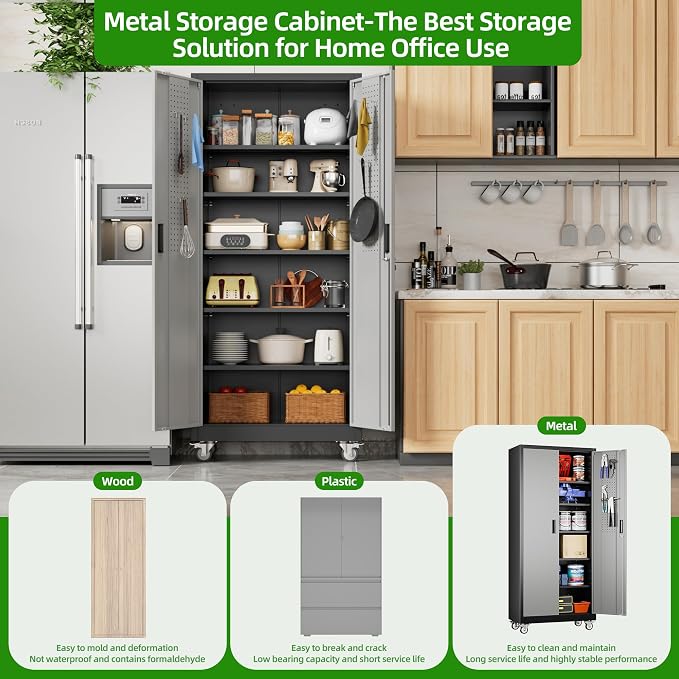 Garage Storage Cabinet with Pegboard and 5 Adjustable Shelves, Tool Storage - Image 6
