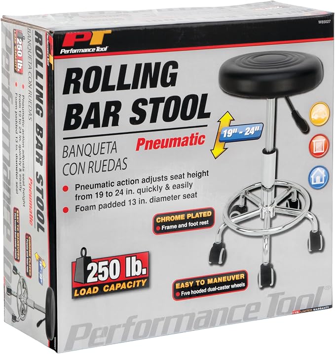 Performance Tool W85027 Adjustable Pneumatic Rolling Bar Stool, 250 Lbs Capacity - Image 10