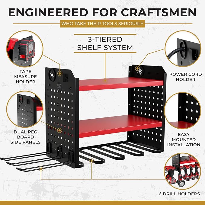 Power Tool Organizer-6 Drill Holder Wall Mount, 3 Tier Heavy-Duty Hand Tool - Image 2