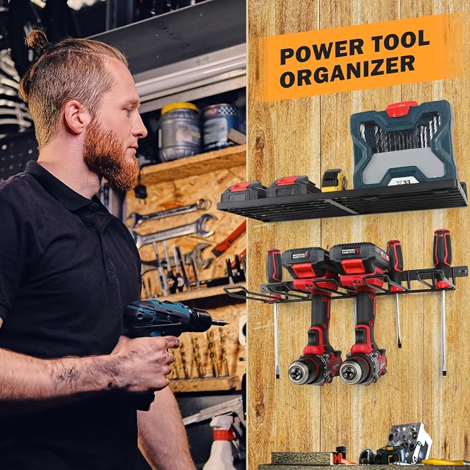 Power Tool Organizer Wall Mount, Cordless Drill Holder and Battery Shelf - Image 3