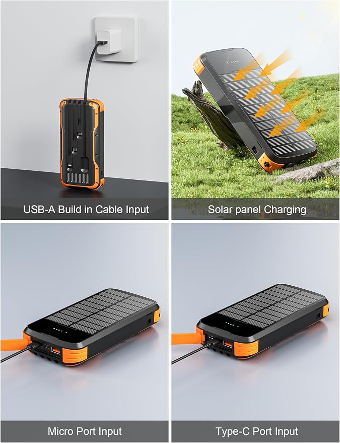 Solar Charger Power Bank, 40000mAh Portable Phone Charger Built in 4 Cables - Image 4