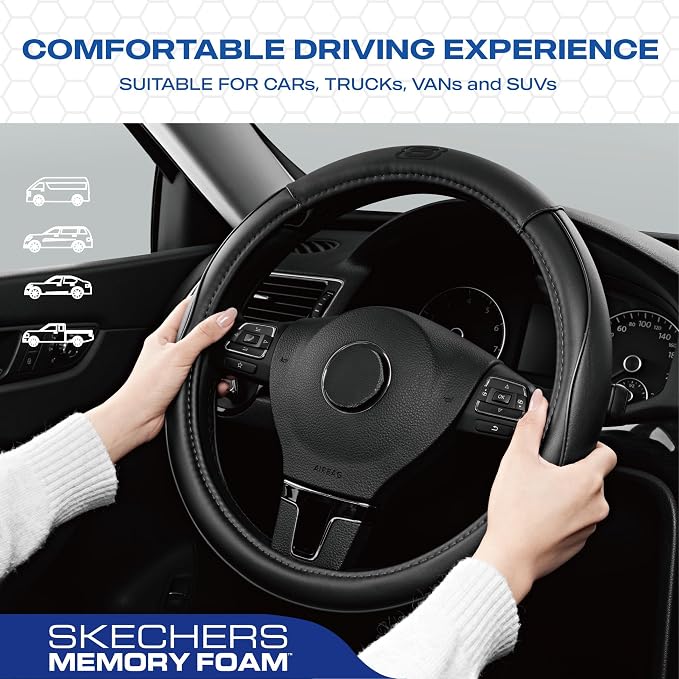 Skechers Memory Foam Steering Wheel Cover, Piping Microfiber Leather Steering - Image 4