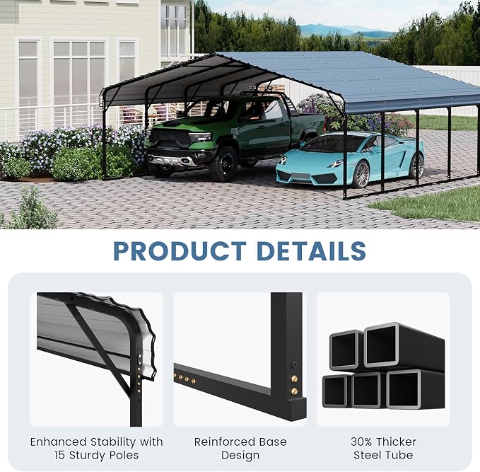 EROMMY 20x20FT Stable Metal Carport, All-Weather Heavy-Duty Carports - Image 4