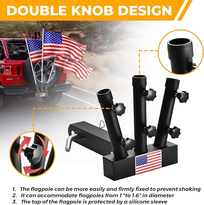 Heavy Duty Three Hitch Flag Holder, Trailer Hitch Flag Pole Holder, Fits 2" - Image 4