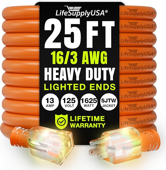 25ft Outdoor/Indoor Extension Cord 16/3 Gauge Heavy Duty 3 Prong SJTW, by LifeSupplyUSA